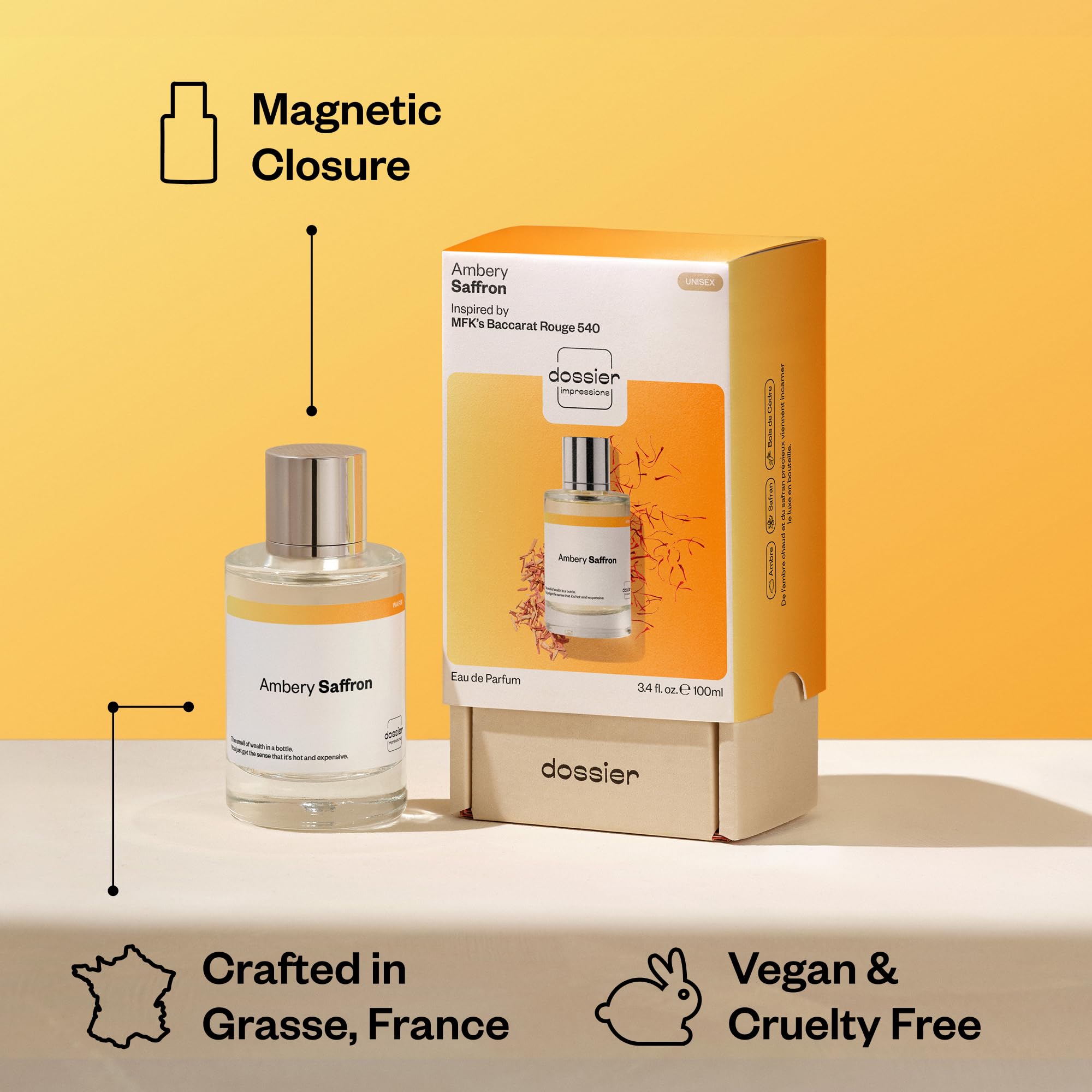 Dossier - Ambery Saffron - Eau de Parfum - Inspired by Baccarat Rouge 540 - Long-Lasting Fragrance - Unisex - 3.4 fl oz (100ml)