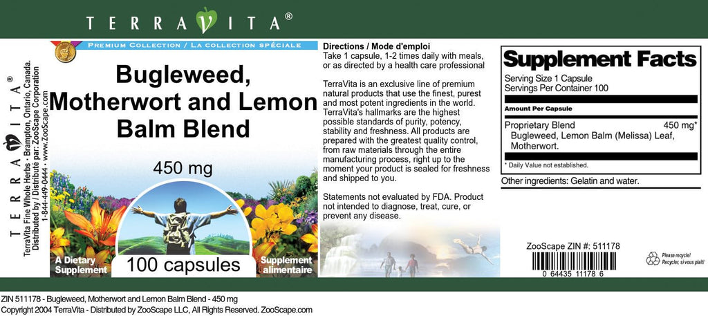 Terravita Thyroid Support - Bugleweed, Motherwort and Lemon Balm - 450 mg (100 Capsules, ZIN: 511178) - 3 Pack