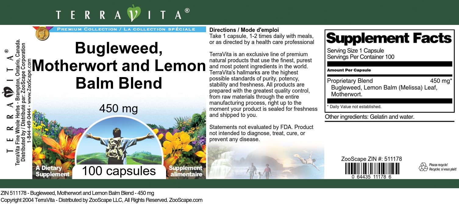 Terravita Thyroid Support - Bugleweed, Motherwort and Lemon Balm - 450 mg (100 Capsules, ZIN: 511178) - 3 Pack