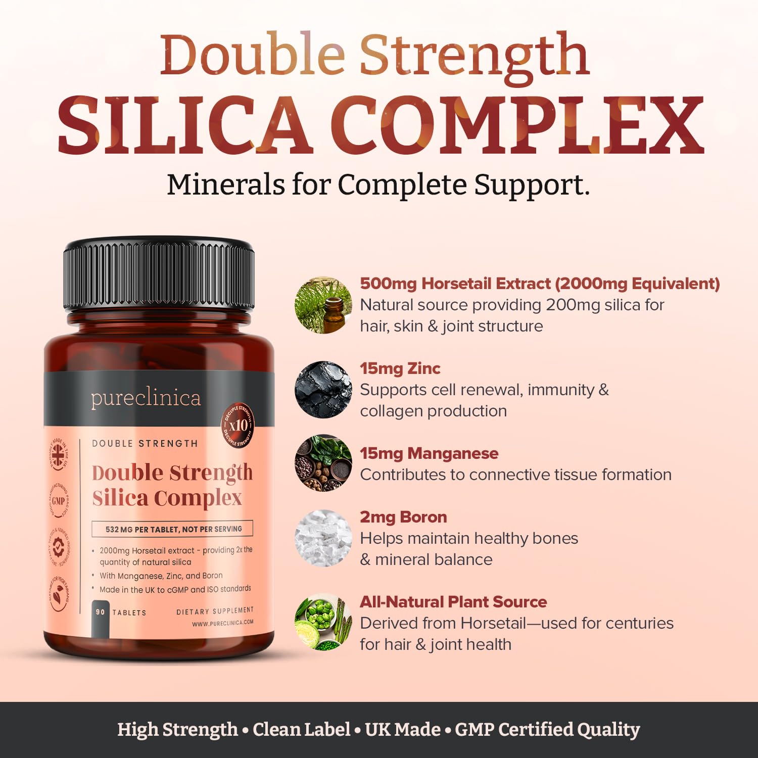Double Strength Silica Complex – 500mg Horsetail Extract (4:1) per Tablet – 90 Tablets – 3 Month Supply – with Zinc, Manganese & Boron