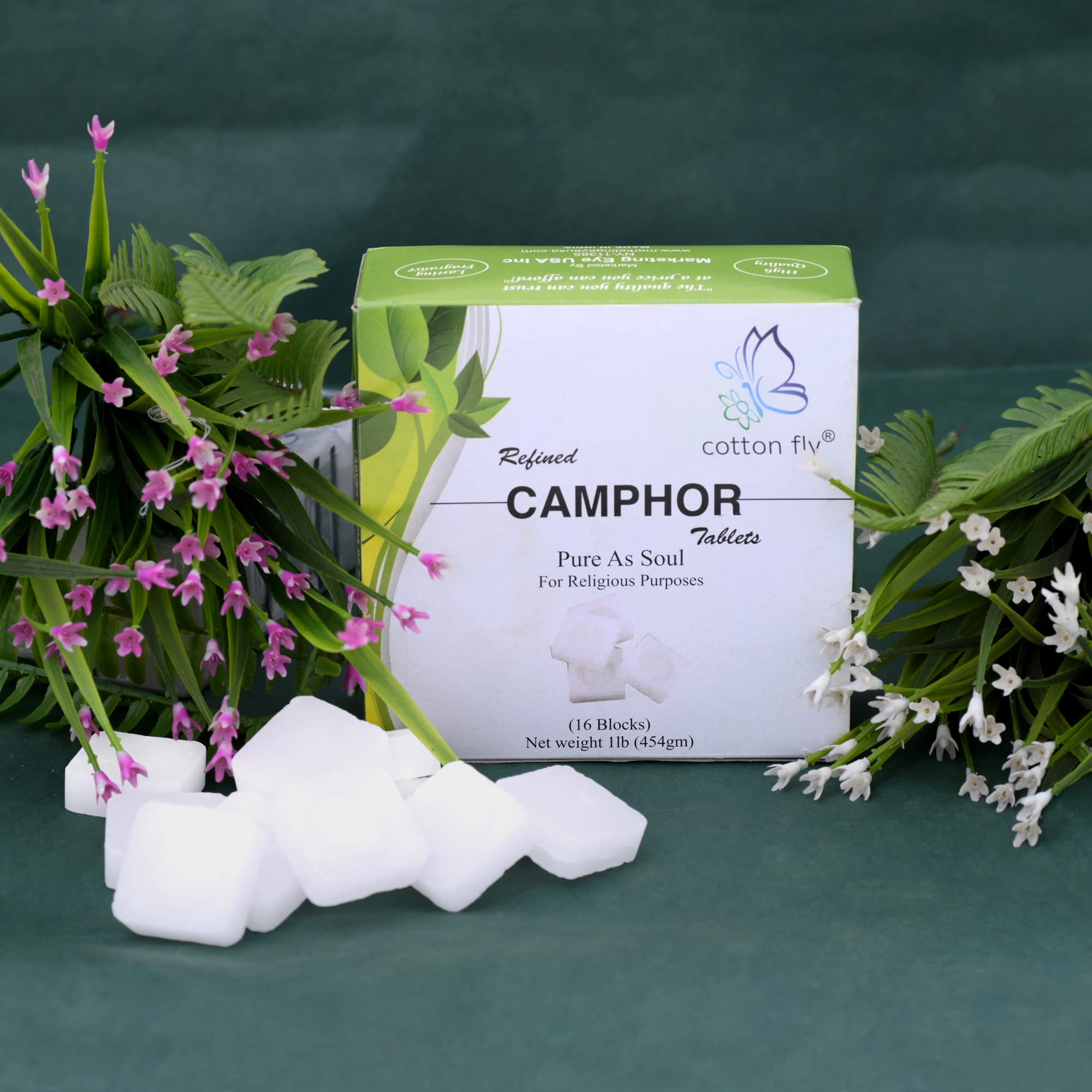 Cotton Fly Refined Camphor Blocks 16 Blocks (64 Tablets) – 1 lb for Puja & Havan