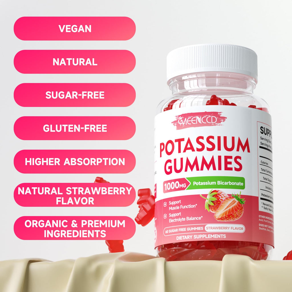 2 Pack Potassium Gummies 1000mg, Potassium Bicarbonate Supplement for Adults & Kids, Potassium Supplement for Electrolyte Balance & Muscle Heath, Sugar-Free, Strawberry Flavor, 120 Count