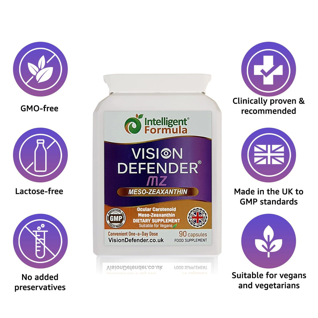 Vision Defender Meso Zeaxanthin Vegan Eye Supplement MZ- Protect and Improve Ocular Health & Eye Care, High Strength Antioxidant Carotenoid Meso-Zeaxanthin for Eyes (90 Capsules/One Daily) Made in UK