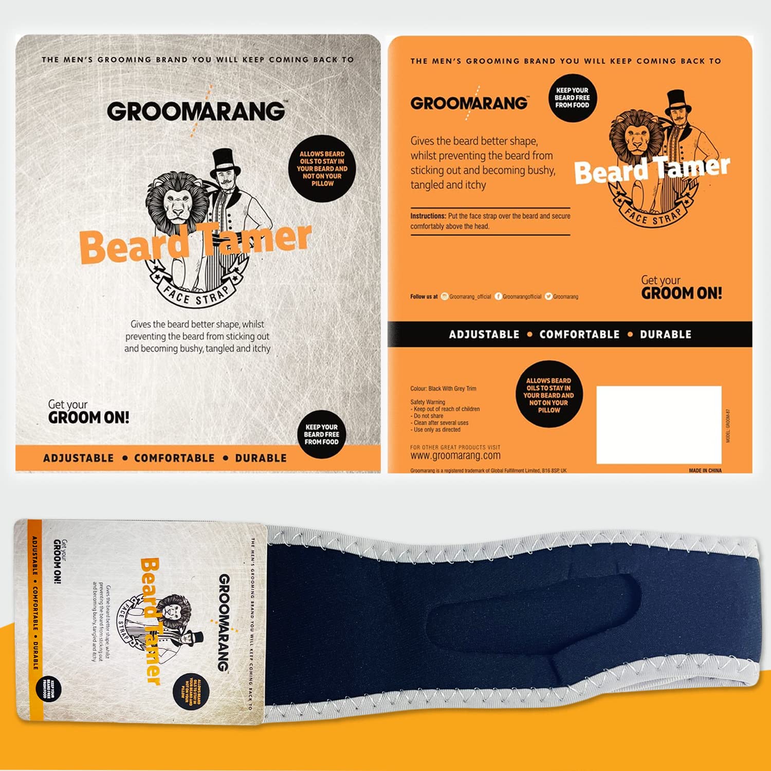 Beard Tamer Strap GROOMARANG Beard Shaper Face Strap - Prevent Bushy, Tangled, Itchy Beards and Keep Beard Oil Locked in - Black