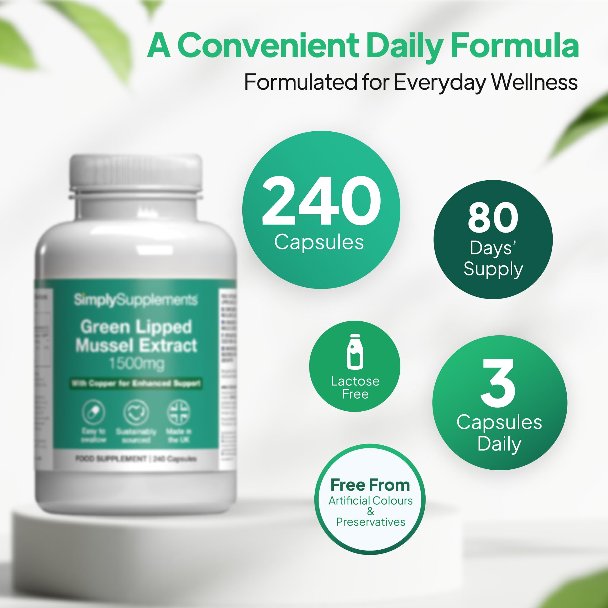 Green Lipped Mussel 1500mg with Copper | 240 Capsules | 80 Days' Supply