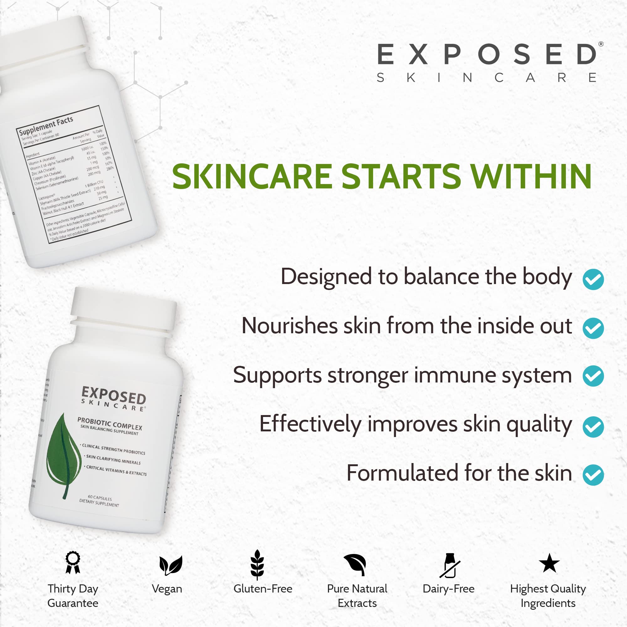 Exposed Skin Care, Probiotic Supplement Complex with 1 Billion CFU – Daily Probiotic for Skin, Gut and Immune Health Support – Digestive Wellness Formula for Men and Women – Non-GMO, 60 Capsules