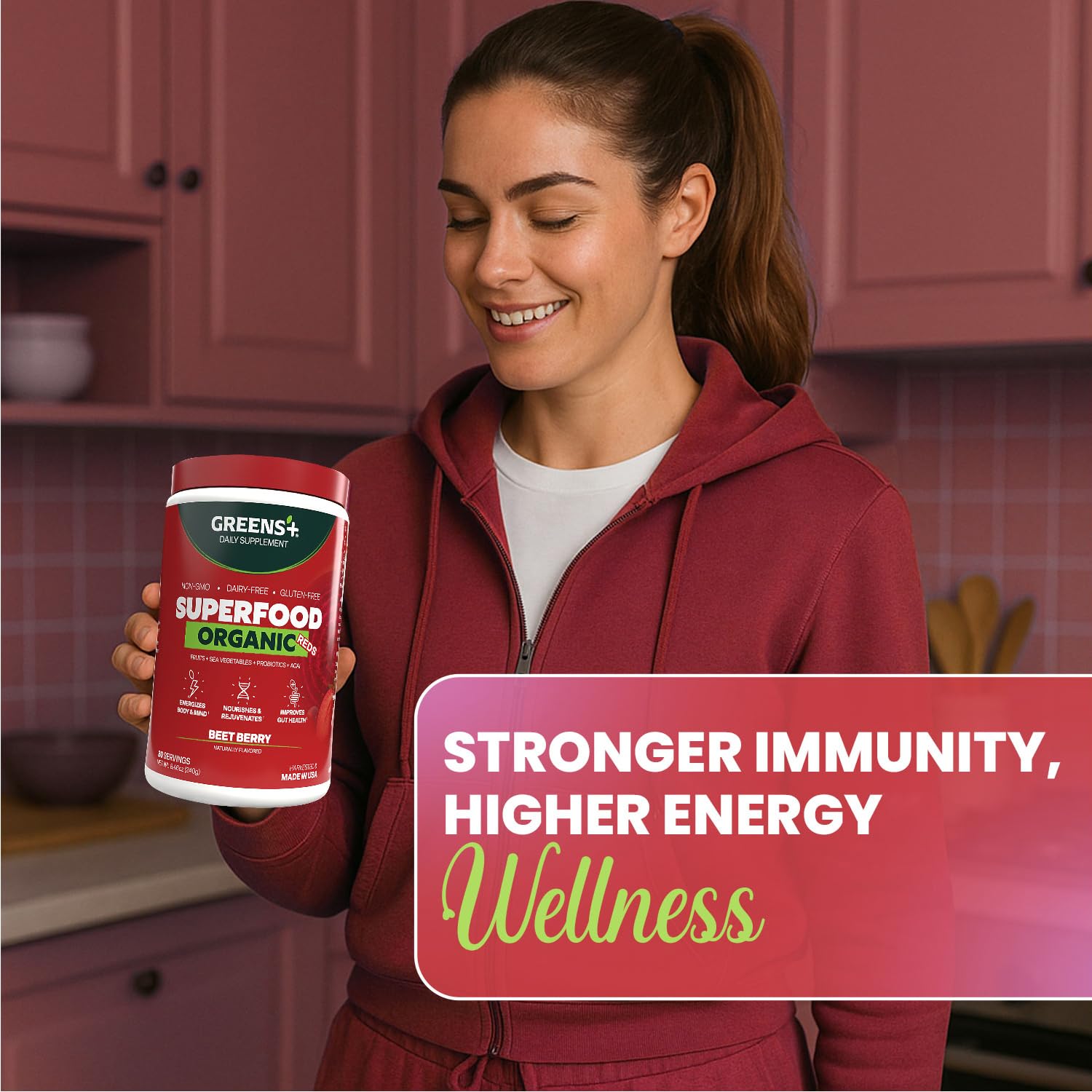 Greens+ Organic Reds Superfood Powder, Antioxidant, Polyphenol, Blend for Morning Kick, Energy, Vitality Boost, Nutrition, Vibrant Health, Vegan Soy/Dairy/Gluten Free(8.46oz)