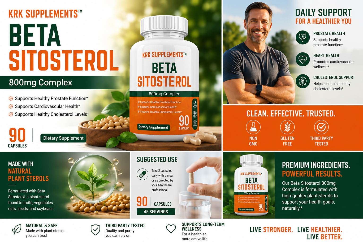 KRK SUPPLEMENTS 2 Bottles Beta Sitosterol 800mg Per Serving 180 Total Capsules Prostate Support