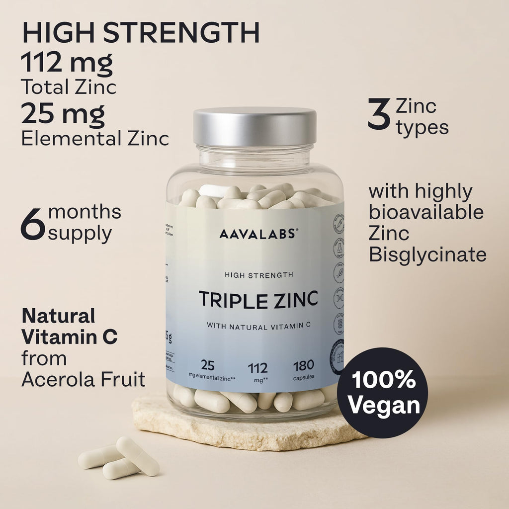 Triple Zinc Supplements for Men and Women - 25mg - with Natural Vitamin C - Zinc Picolinate, Bisglycinate and Monomethionine - 180 Capsules - 6 Months Supply