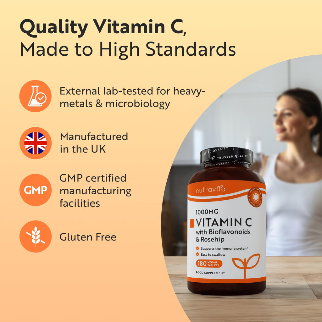 Nutravita Vitamin C 1000mg Tablets - 180 Vegan 1000mg Vitamin C Tablets not Capsules or Powder - 6 Months - High Strength Ascorbic Acid - Bioflavonoids & Rosehip - Immune Support - Made in UK