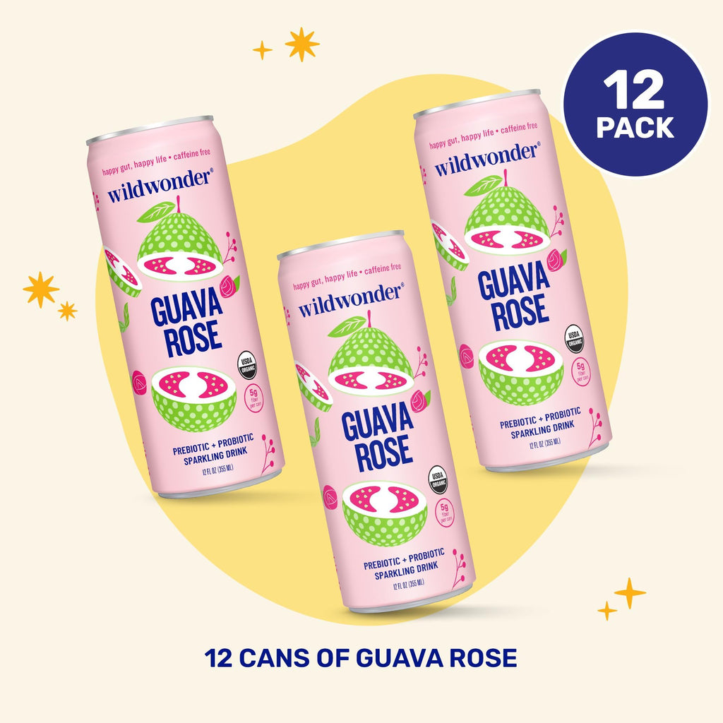 wildwonder Sparkling Probiotic Drink 12pk, for Gut Health & Immune Support, Guava Rose, 5 G Prebiotic Fiber, Live Probiotics, Organic, Vegan, Low Sugar, 12 Pack, 12 Oz Can, As Seen on Shark Tank
