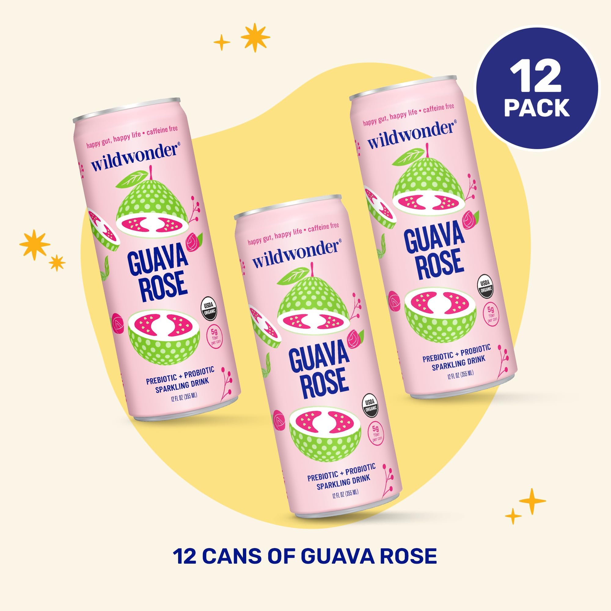 wildwonder Sparkling Probiotic Drink 12pk, for Gut Health & Immune Support, Guava Rose, 5 G Prebiotic Fiber, Live Probiotics, Organic, Vegan, Low Sugar, 12 Pack, 12 Oz Can, As Seen on Shark Tank