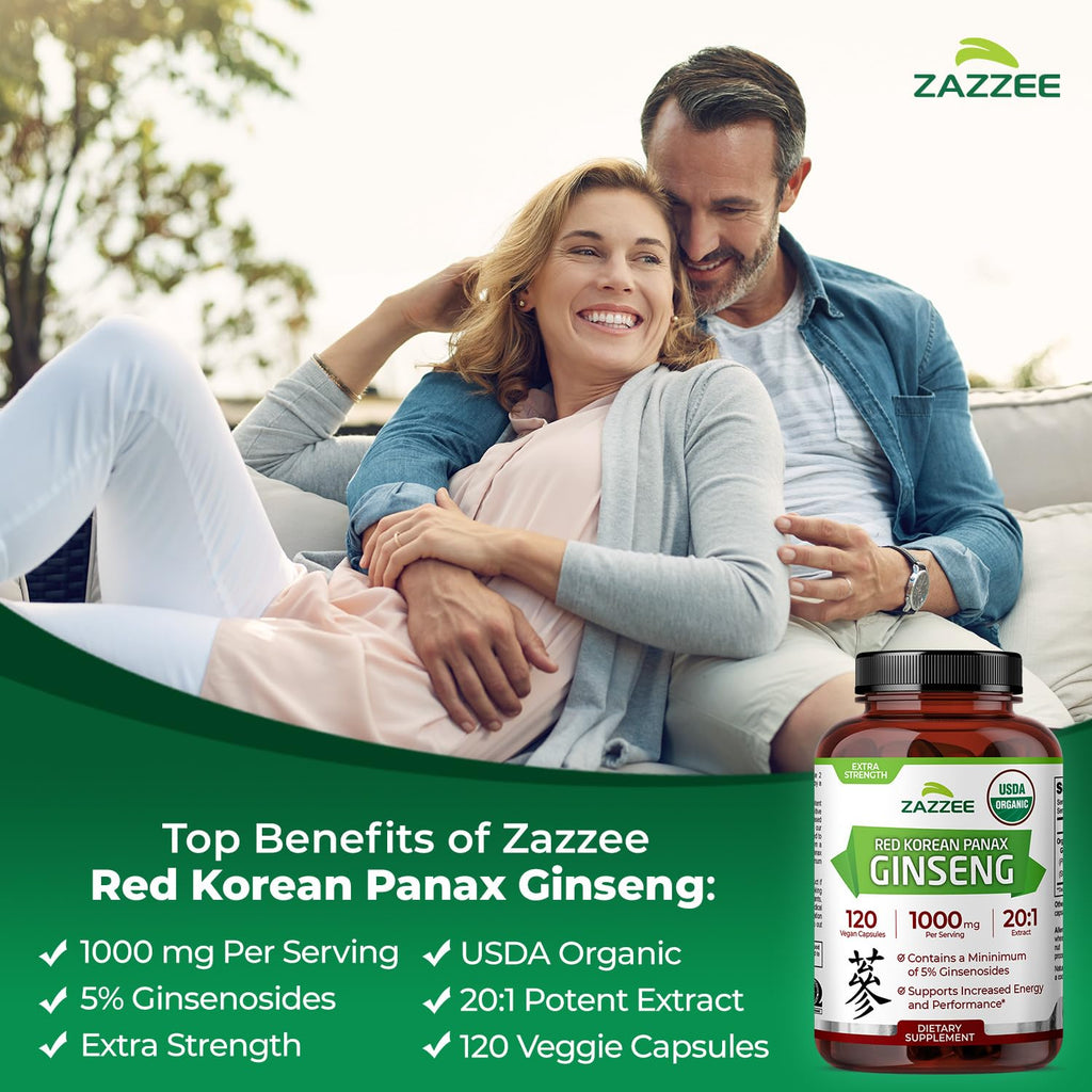 Zazzee USDA Organic Red Korean Panax Ginseng 20:1 Extract, 1000 mg, 5% Ginsenosides, 120 Vegan Capsules, Standardized and Concentrated 20X Root Extract, 100% Vegetarian, All-Natural, Made in the USA