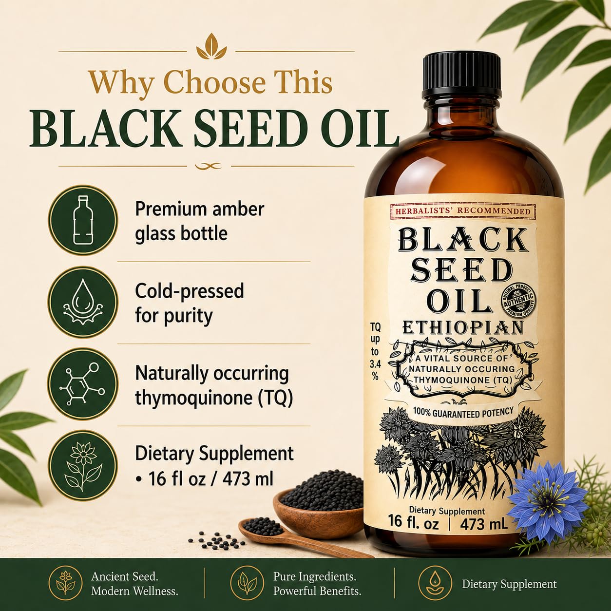 Ethiopian Black Seed Oil 16 oz – Cold-Pressed Nigella Sativa, High Thymoquinone 3.45%, Black Cumin Seed Oil Liquid, 100% Pure Unrefined, Immune Skin Hair & Digestive Support