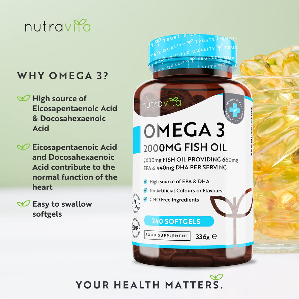 Omega 3 Pure Fish Oil 2000mg – 660mg EPA & 440mg DHA per Daily Serving – 240 Softgel Capsules – 4 Months Supply – for Maintenance of Normal Heart and Brain Function – Made in The UK by Nutravita