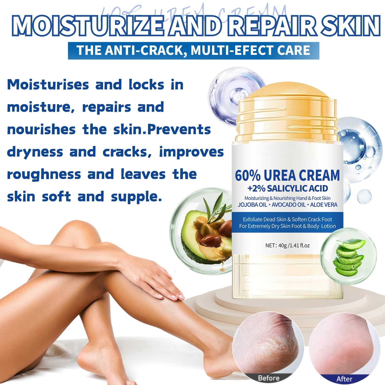 60% Urea Cream - Urea Cream 60 Percent for Feet - Cracked Heel Repair Cream - Ure_a Foot Cream Stick Plus 2% Salicylic Acid For Calluses - Foot Crea_m For Cracked Heels And Dry Skin 1pc