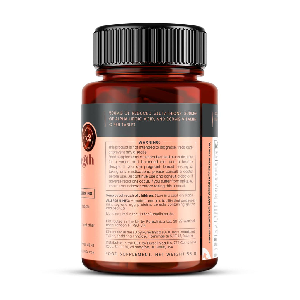 pureclinica Glutathione 1000mg x 60 Tablets. with 500mg Glutathione, 300mg ALA, and 200mg Vitamin C per Tablet.