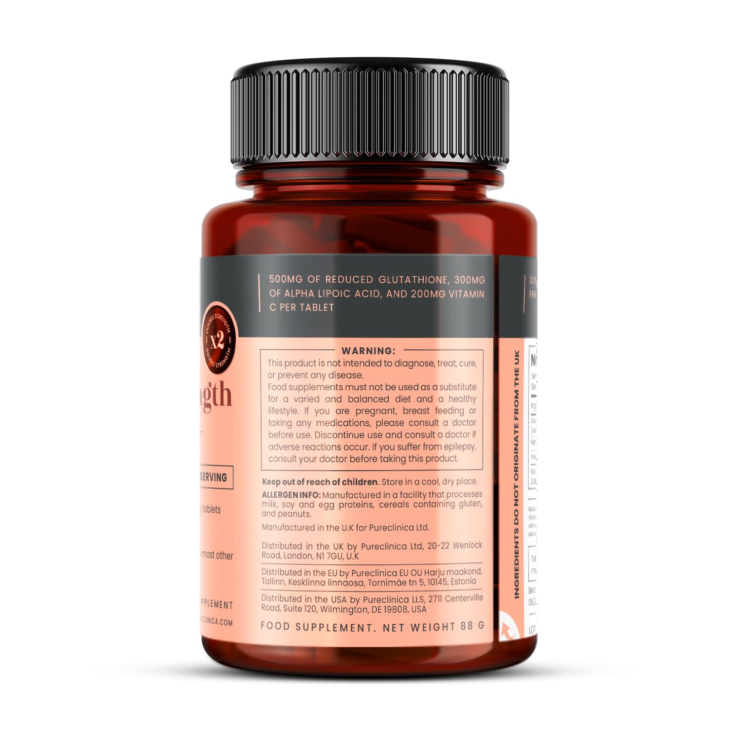 pureclinica Glutathione 1000mg x 60 Tablets. with 500mg Glutathione, 300mg ALA, and 200mg Vitamin C per Tablet.