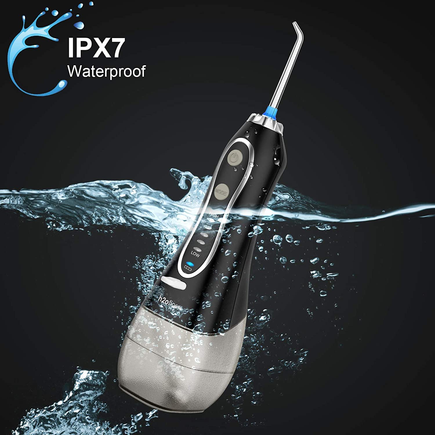 H2ofloss Water Flosser Portable Dental Oral Irrigator with 5 Modes, 6 Replaceable Jet Tips, Rechargeable Waterproof Teeth Cleaner for Home and Travel -300ml Detachable Reservoir Black