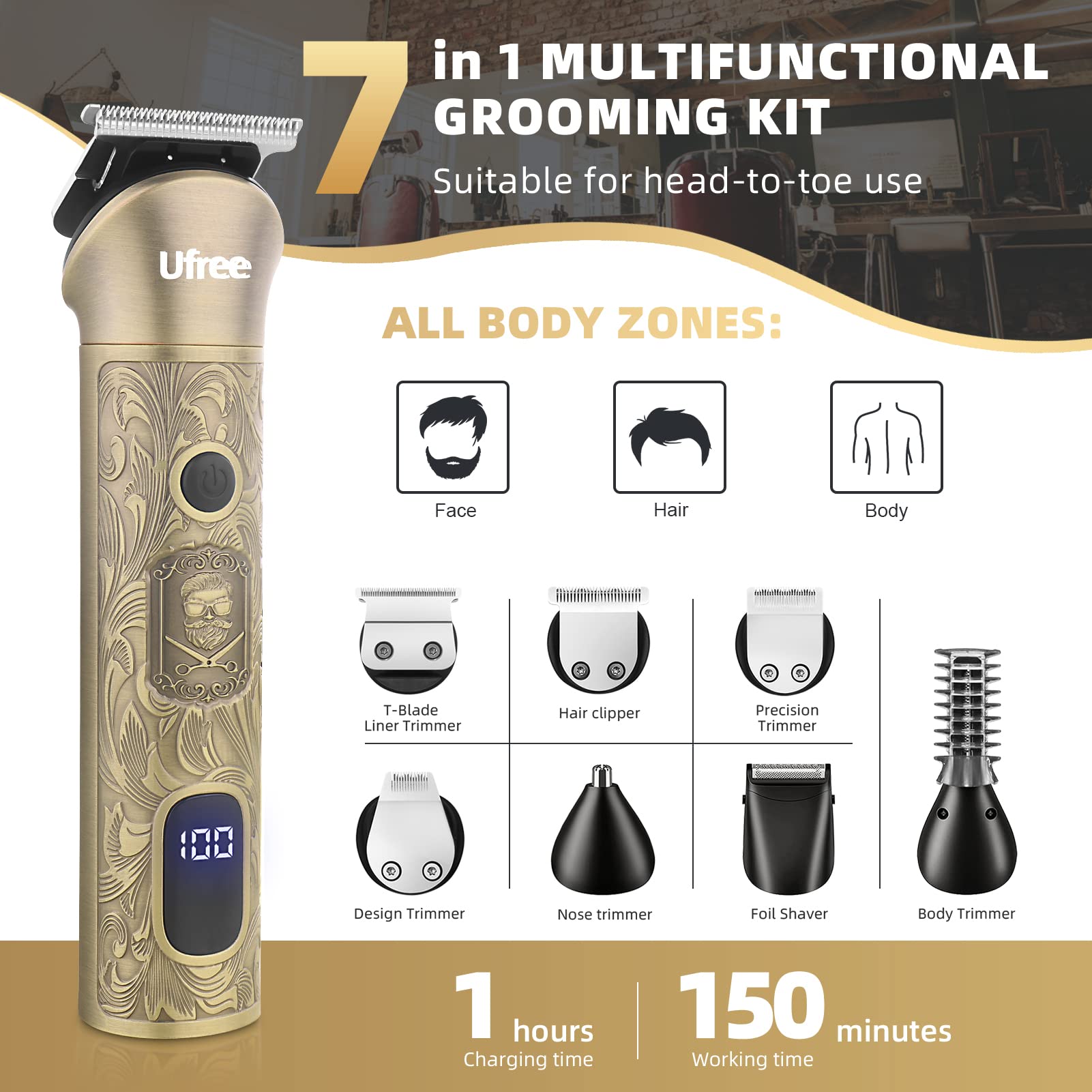 Ufree Beard Trimmer for Men, Electric Razor Shaver, Cordless Hair Clipper Shaving Kit for Mustache Body Nose Ear Hair Facial, Adjustable Beard Grooming Kit Father Birthday Gifts for Men Husband Dad
