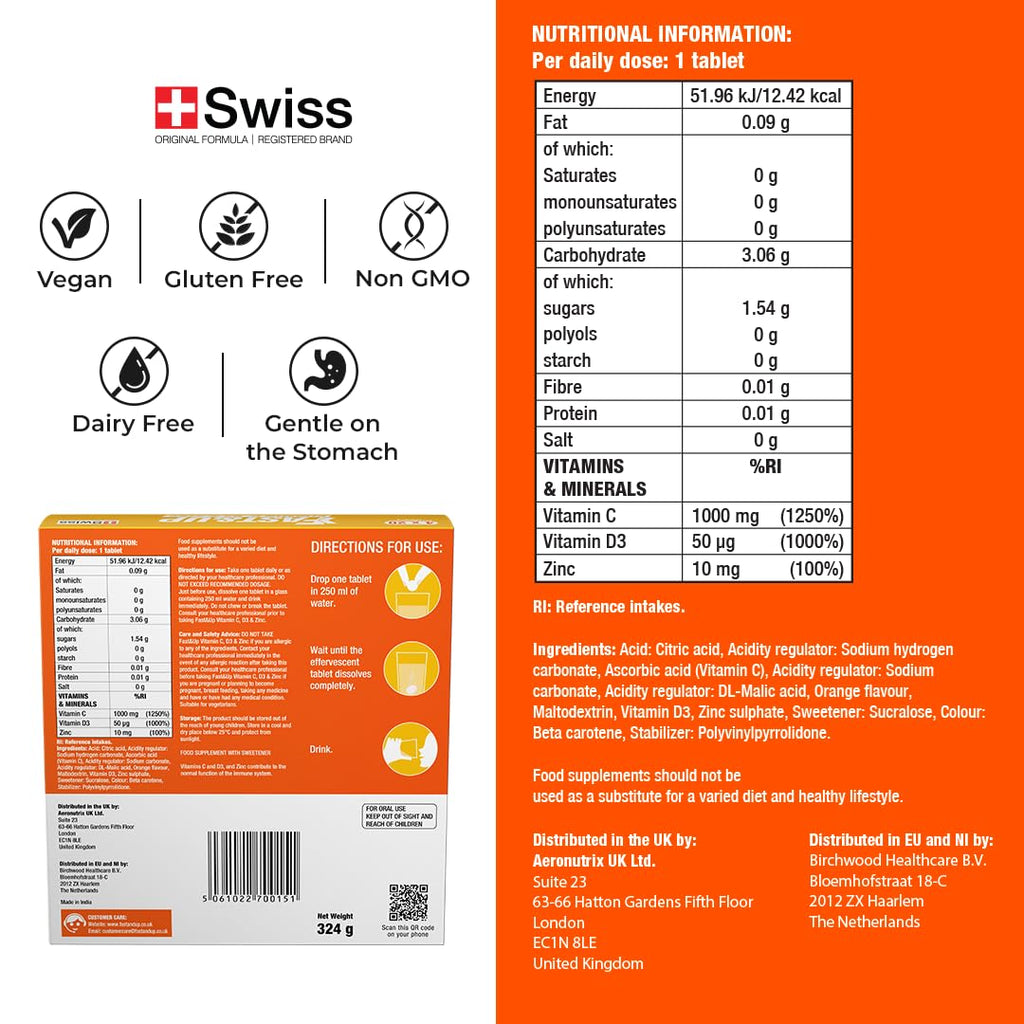 Fast&Up Vitamin C, Vitamin D & Zinc - 80 Effervescent Tablets (4 X 20) - Saver Multipack - Complete Immunity Booster - One Daily - Orange Flavour
