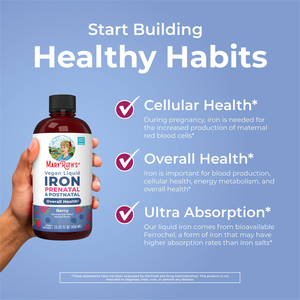 MaryRuth’s Prenatal Postnatal Iron Liquid | Iron Supplement for Prenatal & Postnatal | Bioavailable Ferrochel | Red Blood Cell Production | Sugar Free | Vegan | Non-GMO | Gluten Free | 15.22 Fl Oz