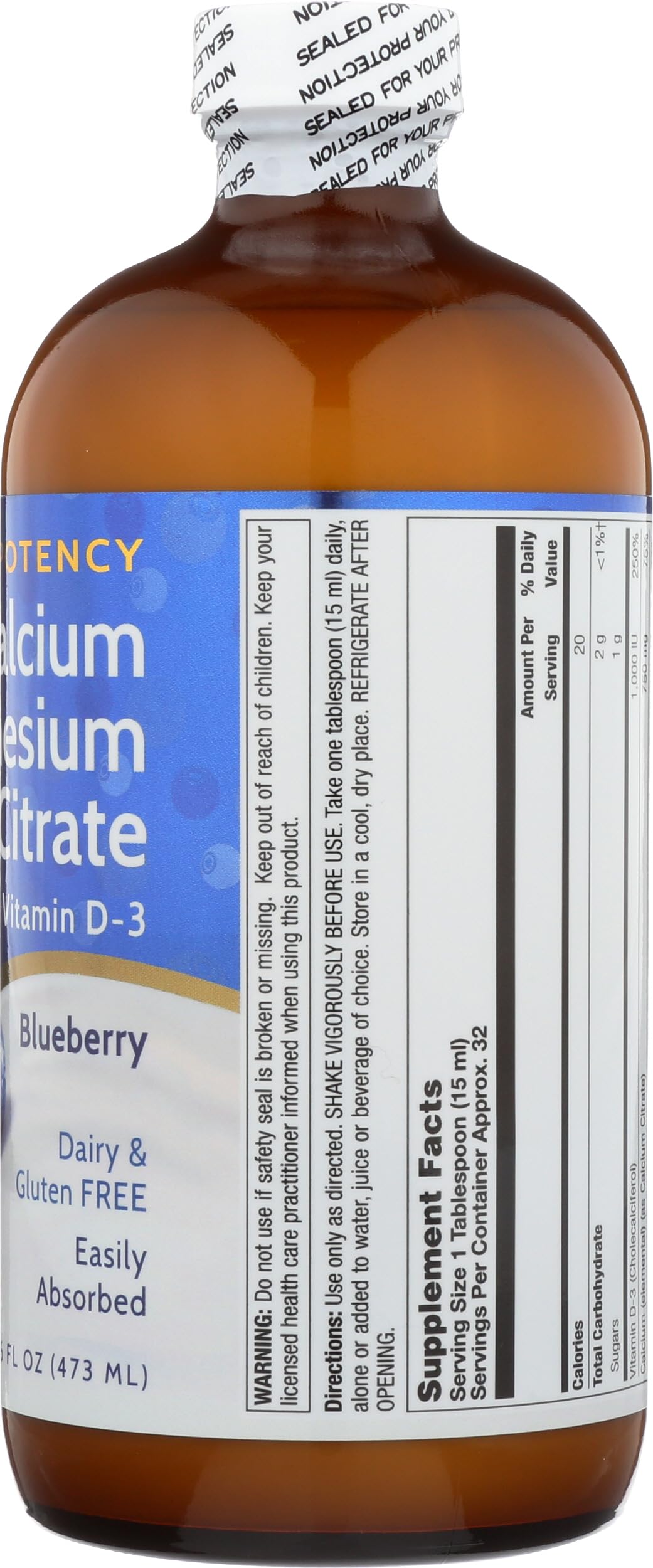 DYNAMIC HEALTH VitaLiquids Bone Support - Calcium Magnesium Supplement w/ Vitamin D - Supports Strong Bones w/ Calcium Citrate, Vitamin D3, Blueberry Flavor, Vegan, Gluten Free, 32 Servings, 16oz