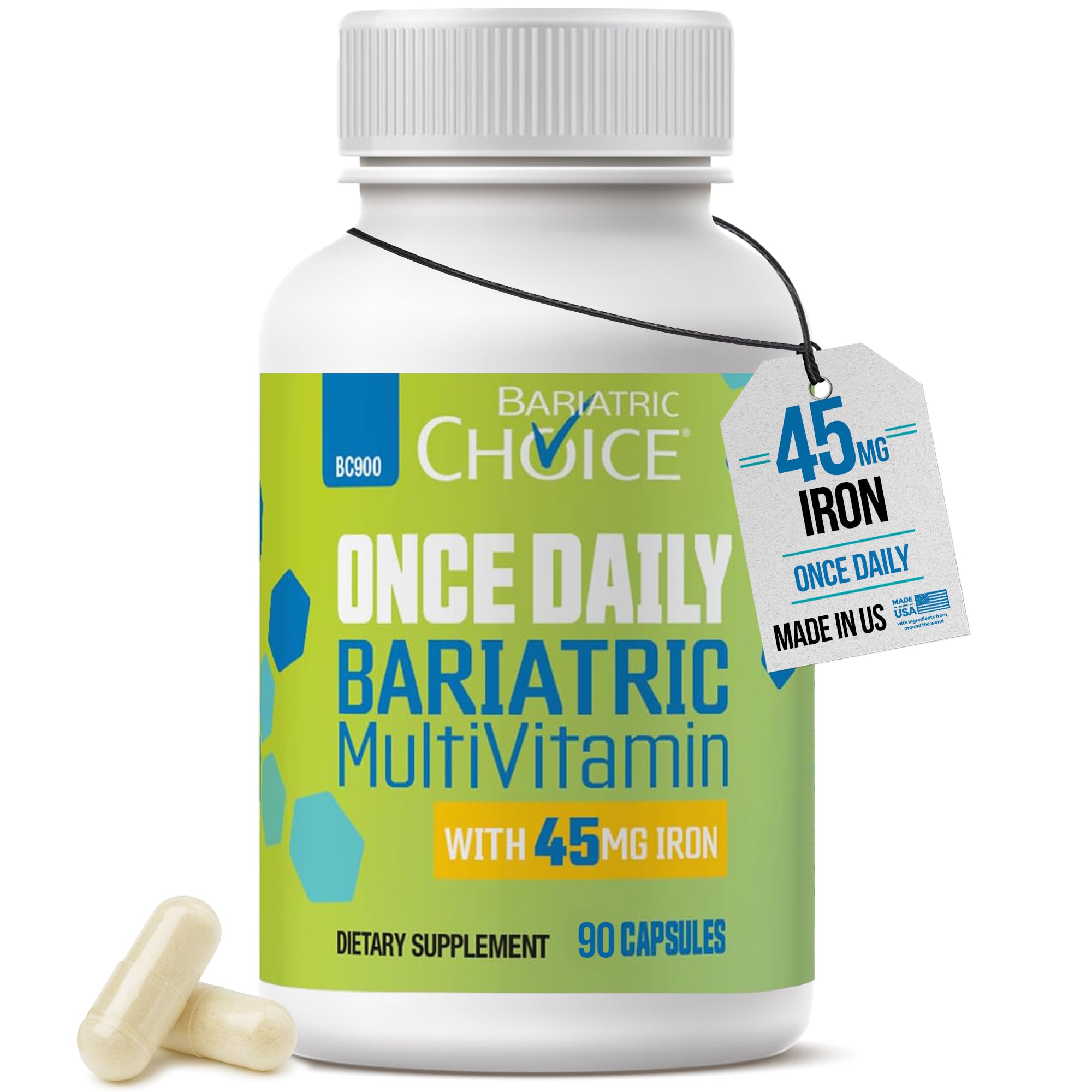 Bariatric Choice Bariatric Multivitamin with Iron 45mg – Once Daily Easy to Swallow Capsule for Gastric Bypass & Sleeve Patients – High Potency Vitamins A, D, B12 & More – 3 Month Supply (90 Count)