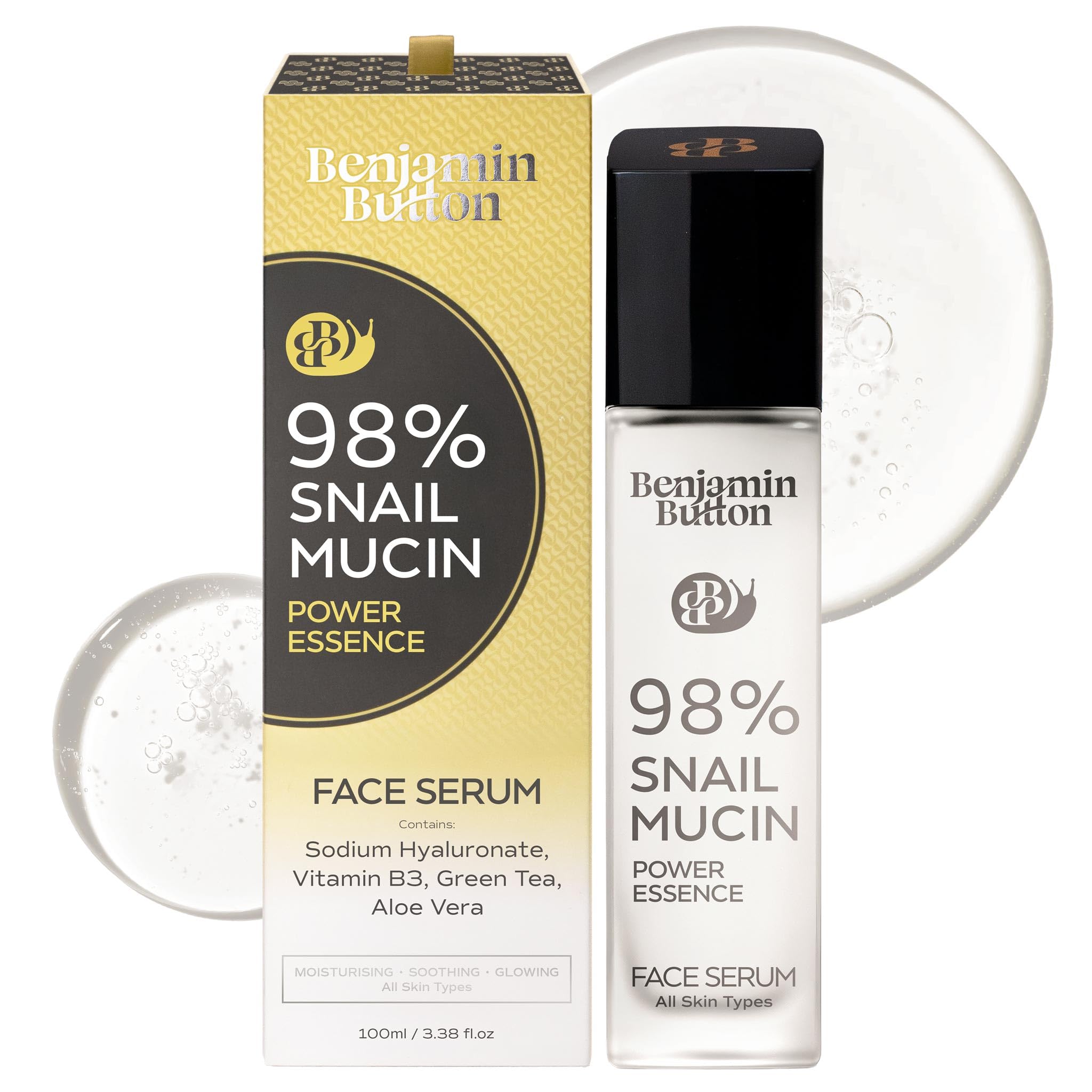 98% Snail Mucin Serum - Benjamin Button® | Hydrating, Anti-Aging, & Brightening with Hyaluronic Acid, Niacinamide, Green Tea, Aloe Vera | Ideal for Sensitive Skin & All Skin Types