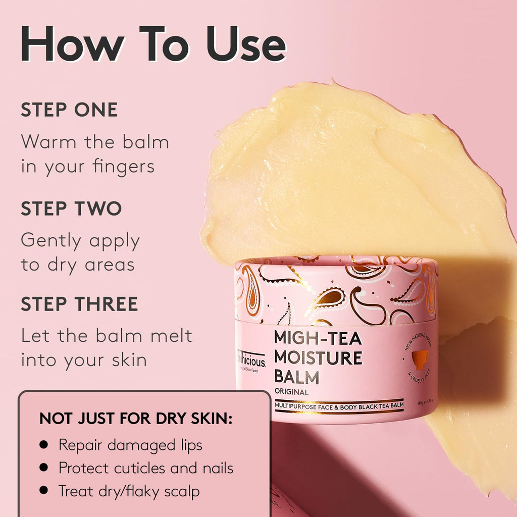 Delhicious Migh-Tea Moisture Face & Body Balm for Very Dry Skin - Nourishing Shea Butter Moisturizer - Eczema Relief, Psoriasis Treatment - Natural, Vegan, Ayurveda Body Butter with Almond Oil - 50g