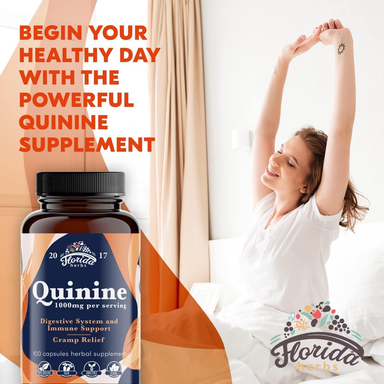 FLORIDA HERBS Leg Cramp Support – Organic Quinine Capsules from Cinchona Bark – 1000 mg Vegan Supplement – Muscle & Leg Cramp Relief – Made in USA – 330 Count (3 Bottles Total)