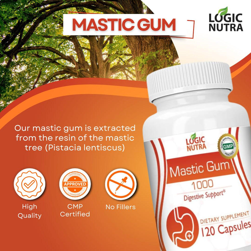 Logic Nutra Mastic Gum Capsules - Natural Gastrointestinal Support Supplement, 1000mg Per Serving - 120 Capsules (2 Bottles)