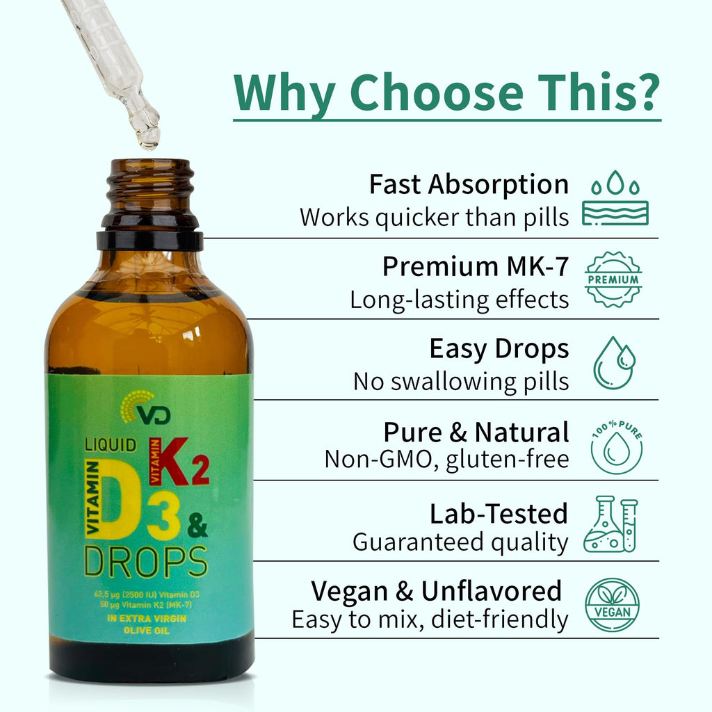 VD Liquid Vitamin D3 2500 IU & K2 MK-7 50 UG (50ml)-Optimal Absorption, High Strength, Vitamin Liquid Drops for Bones, Teeth, Muscle Function & Immune System Booster, Gluten Free, Vegan & Unflavoured