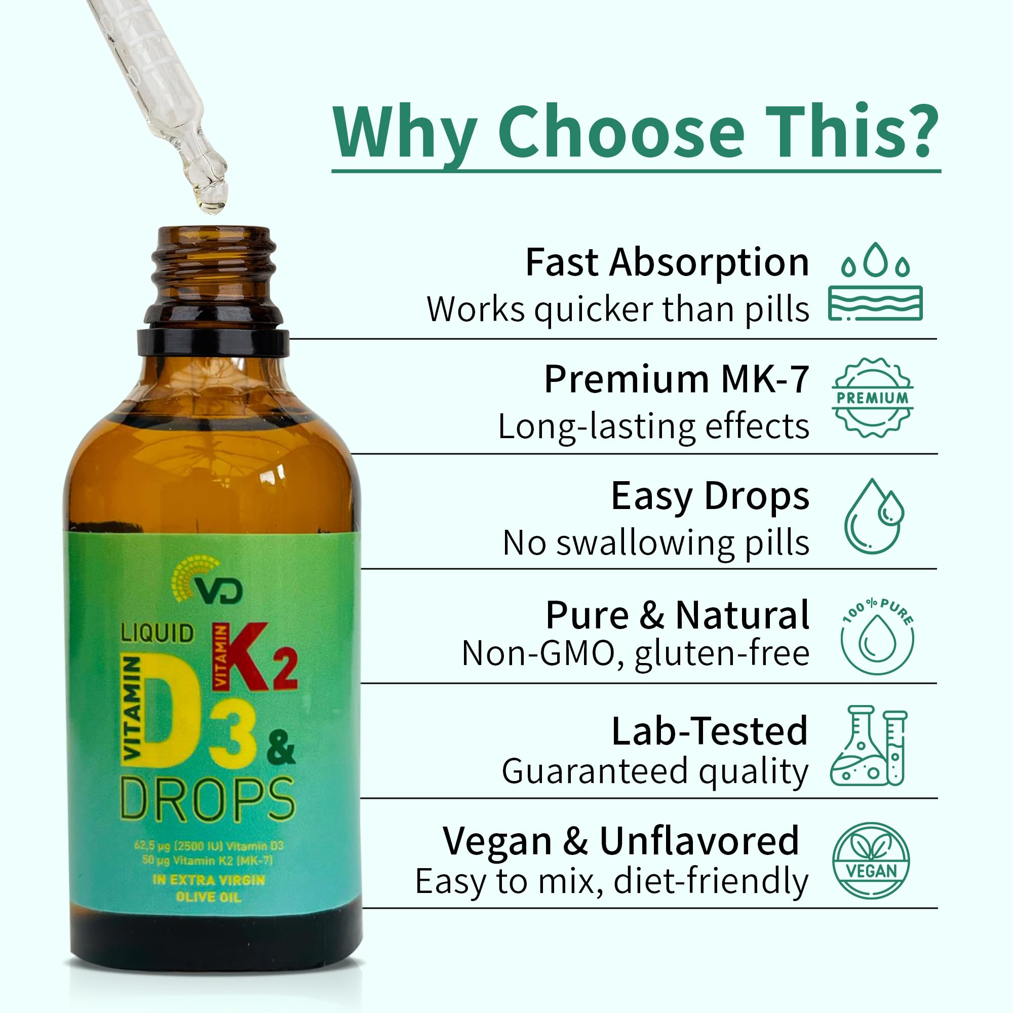 VD Liquid Vitamin D3 2500 IU & K2 MK-7 50 UG (50ml)-Optimal Absorption, High Strength, Vitamin Liquid Drops for Bones, Teeth, Muscle Function & Immune System Booster, Gluten Free, Vegan & Unflavoured
