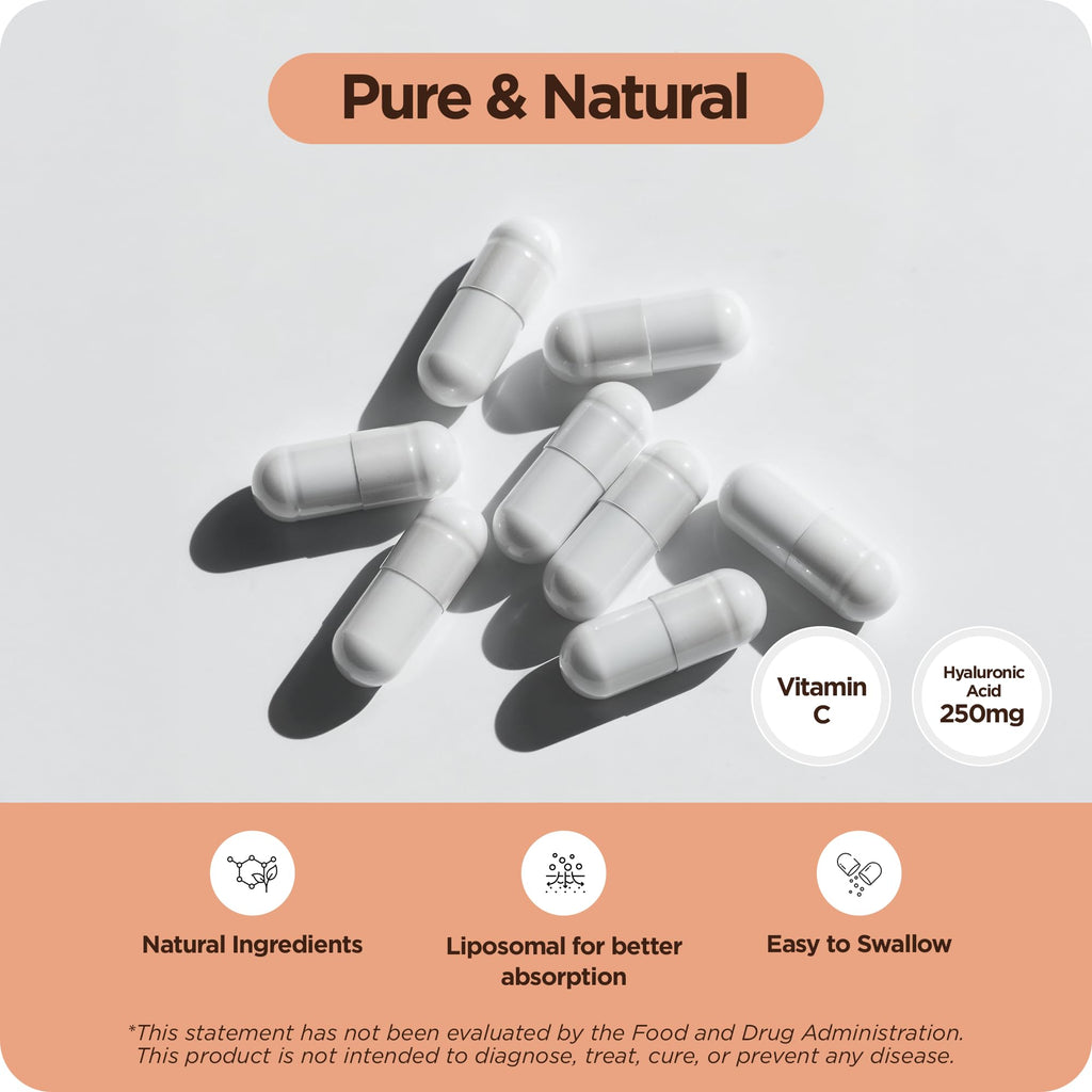 Pure Hyaluronic Acid Supplement 250mg with Vitamin C 50mg, 120 Vegan Capsules - Skin Hydration for Natural Glow, Hair, Nails, Bone and Joint Health Formula