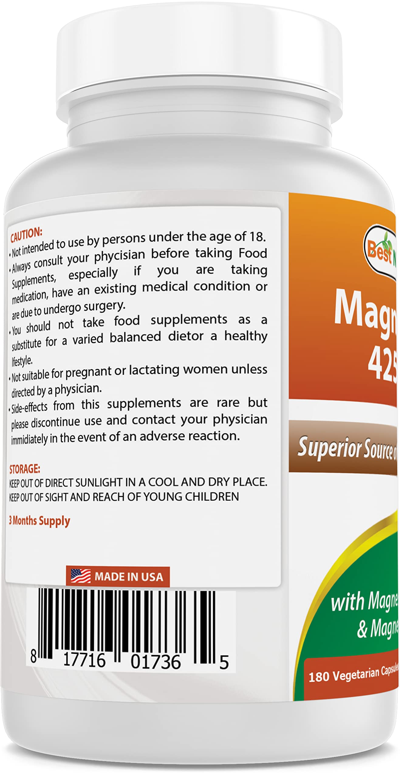Best Naturals Magnesium 425 mg 180 Veggie Capsules - High Absorption Magnesium Glycinate & Magnesium Oxide Chelated, Non-GMO, Gluten Free Muscle Relax (180 Count (Pack of 2))