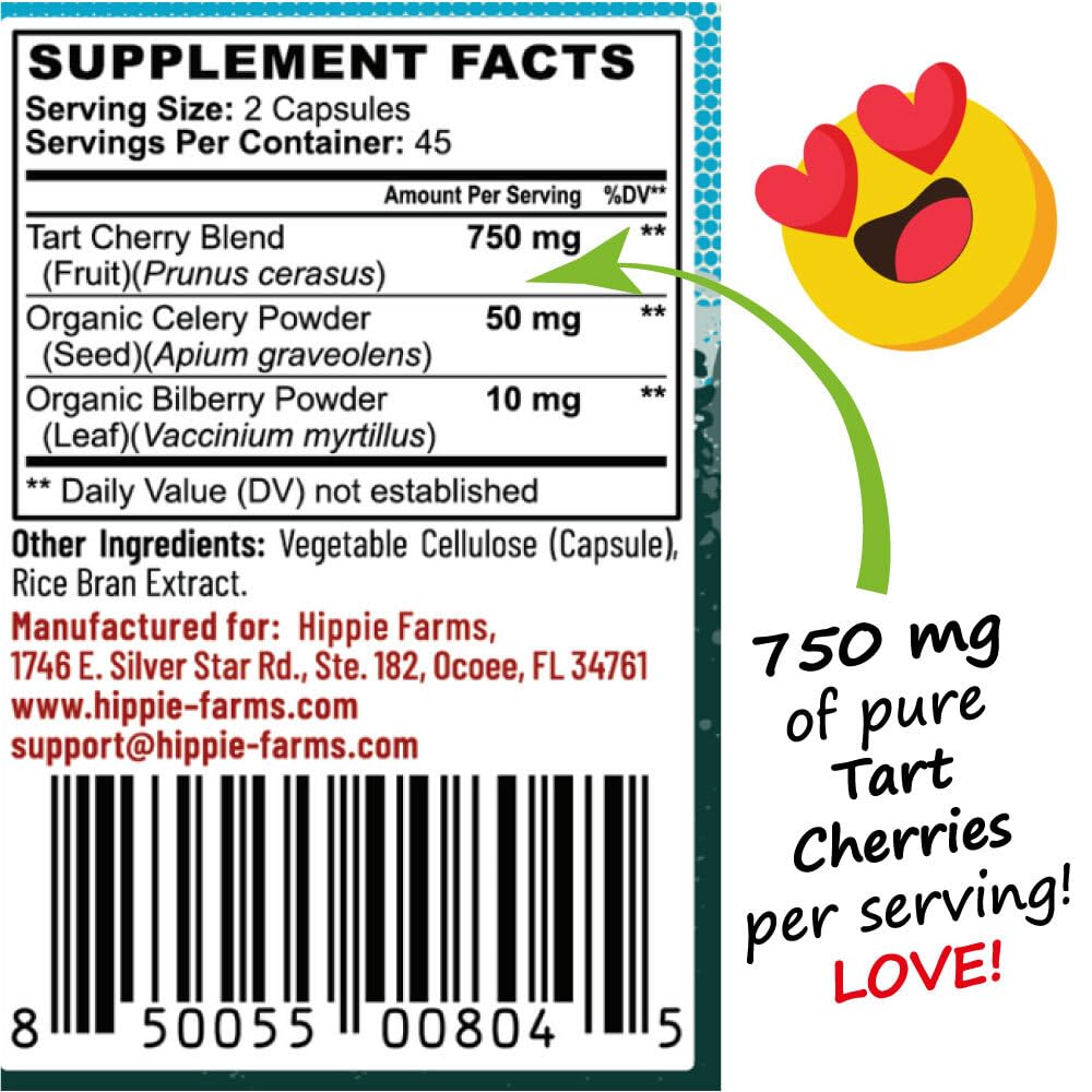 Hippie Farms Tart Cherry Capsules Grown in USA - Lumberjack Strength Blend - Tart Cherry Powder with Bilberry (60 Count)