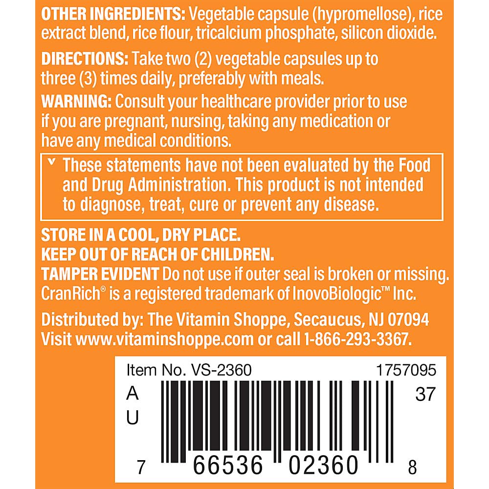 The Vitamin Shoppe Cranberry with D-Mannose - Urinary Tract & Bladder | with Vitamin C CranRich | 60 Veggie Caps | Women's Health