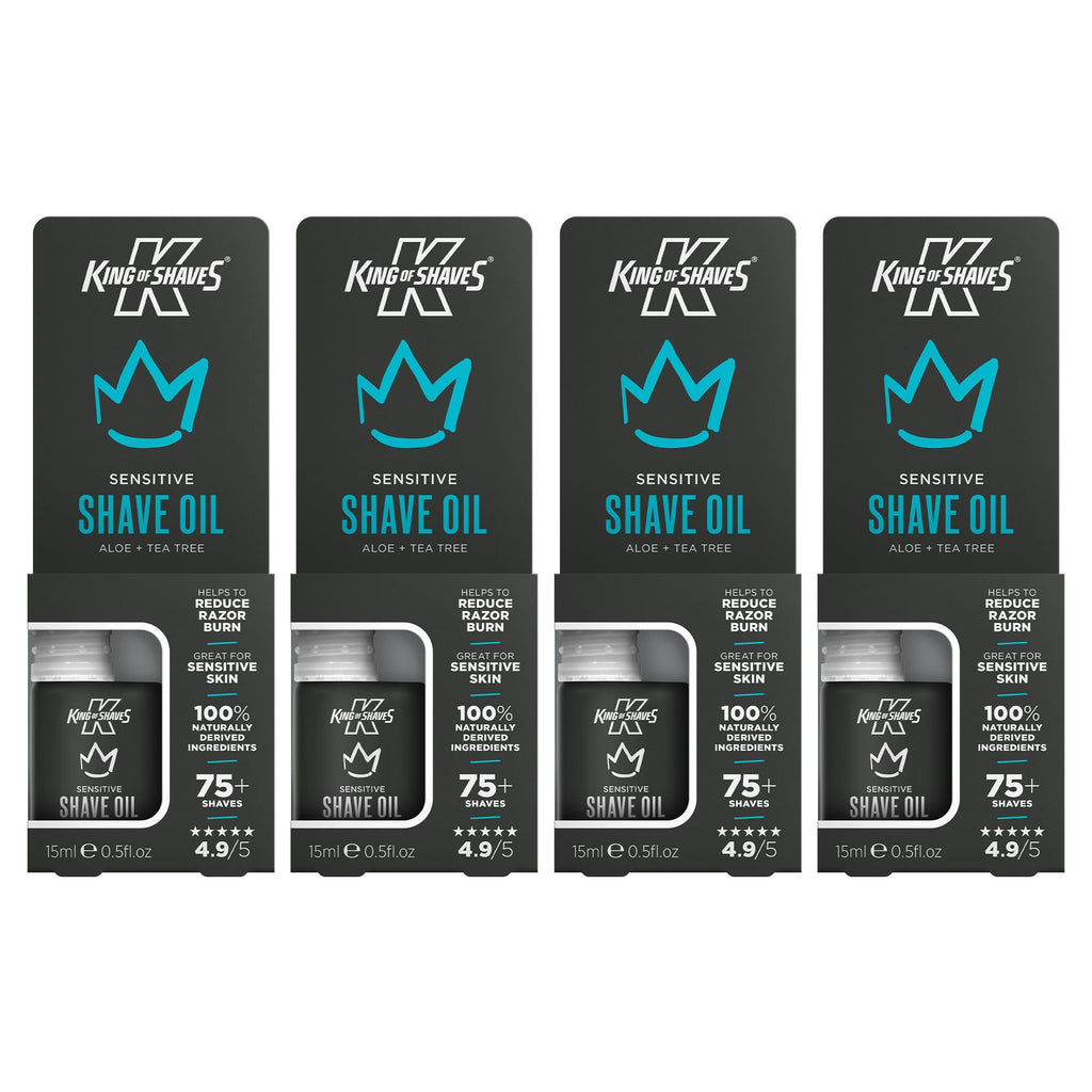 King of Shaves Sensitive Shave Oil for Men Quad Pack, Aloe Vera & Tea Tree, Clear No Foam Formula for Precision Shaving, Helps Reduce Razor Burn & Rash, Vegan, Travel Size, 4 x 0.5 FL OZ
