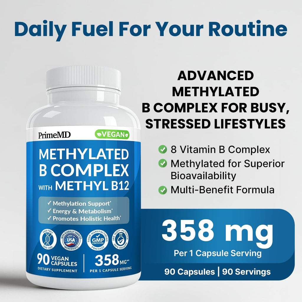 Methylated B Complex with Methylfolate and B12 Methylcobalamin 1000 mcg - Methylated Multivitamin for Energy, Brain Function, and Wellness - Vitamin B Complex for Men & Women (360 Servings, Pack of 4)