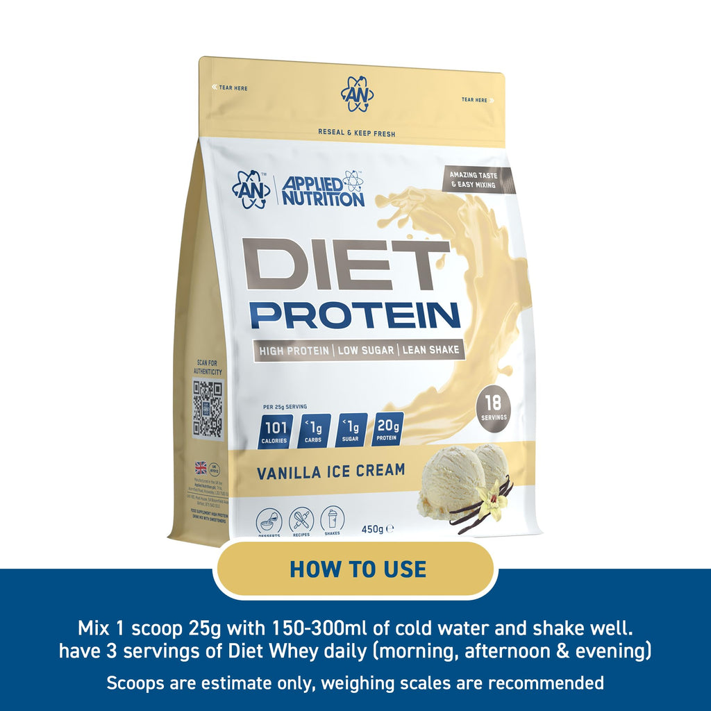 Applied Nutrition Diet Whey - High Protein Powder Supplement, Low Carb & Sugar, for Weight Management with CLA, L Carnitine, Green Tea (450g - 18 Servings) (Vanilla)