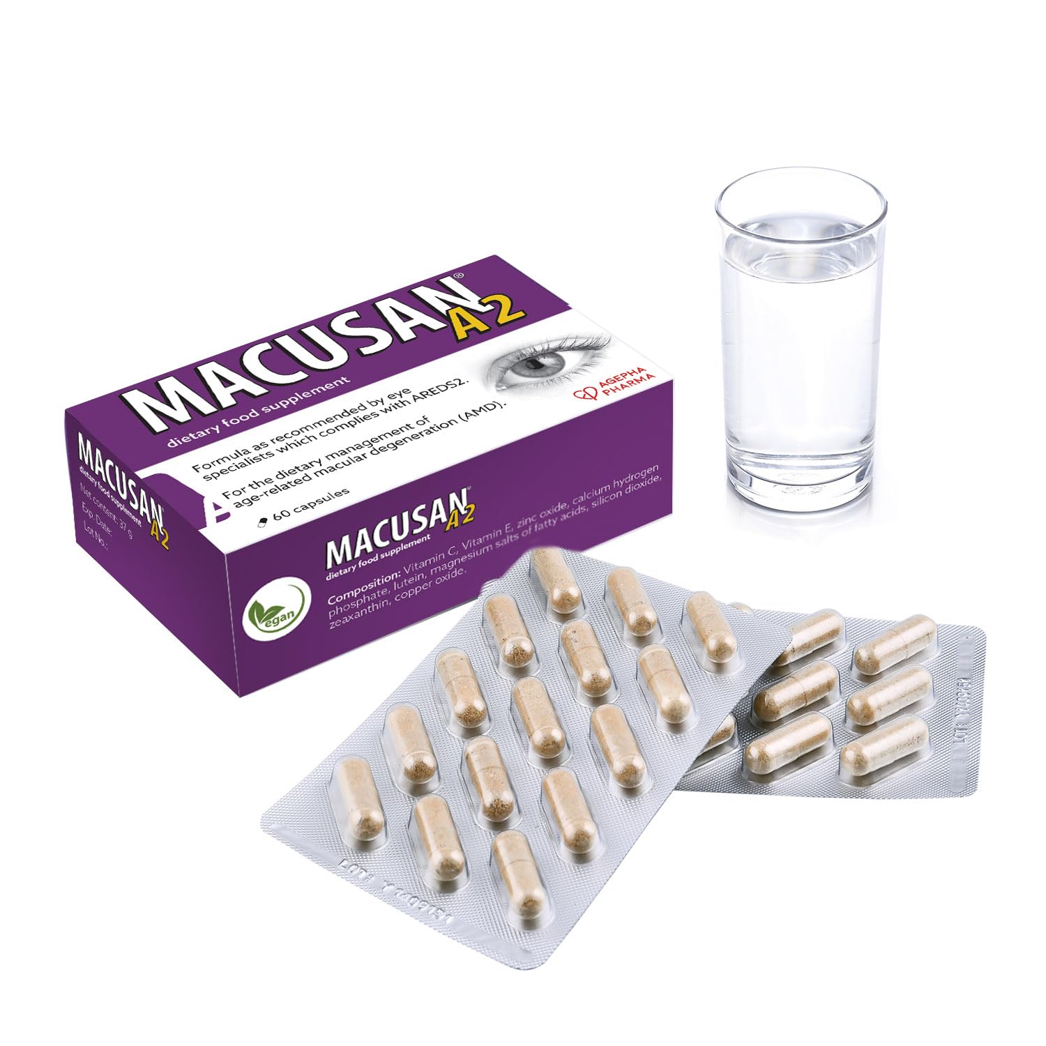 Macusan A2 AREDS2 Formula | Eye Health Dietary Food Supplement with Lutein, Zeaxanthin & Vitamins | Supports Vision & Helps Manage Age-Related Macular Degeneration (AMD) | 60 Capsules