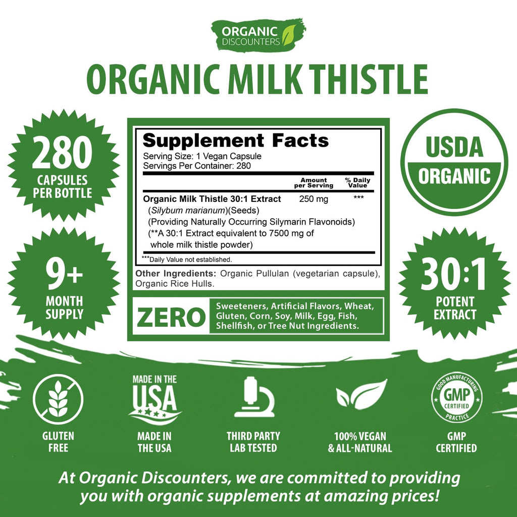 Organic Discounters USDA Organic Milk Thistle 30:1 Extract Capsules, 280 Vegan Capsules, Rich in Silymarin Flavonoids, Liver Cleanse and Liver Detox Support, Standardized 30X Extract, Made in the USA