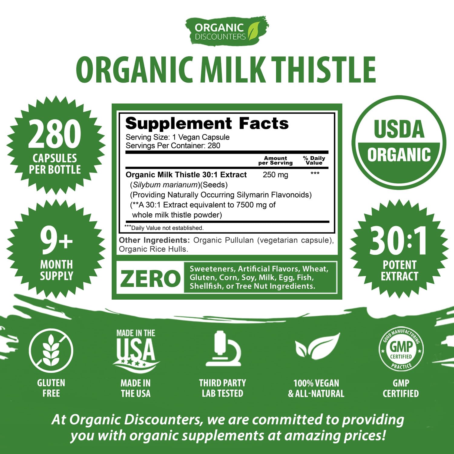 Organic Discounters USDA Organic Milk Thistle 30:1 Extract Capsules, 280 Vegan Capsules, Rich in Silymarin Flavonoids, Liver Cleanse and Liver Detox Support, Standardized 30X Extract, Made in the USA