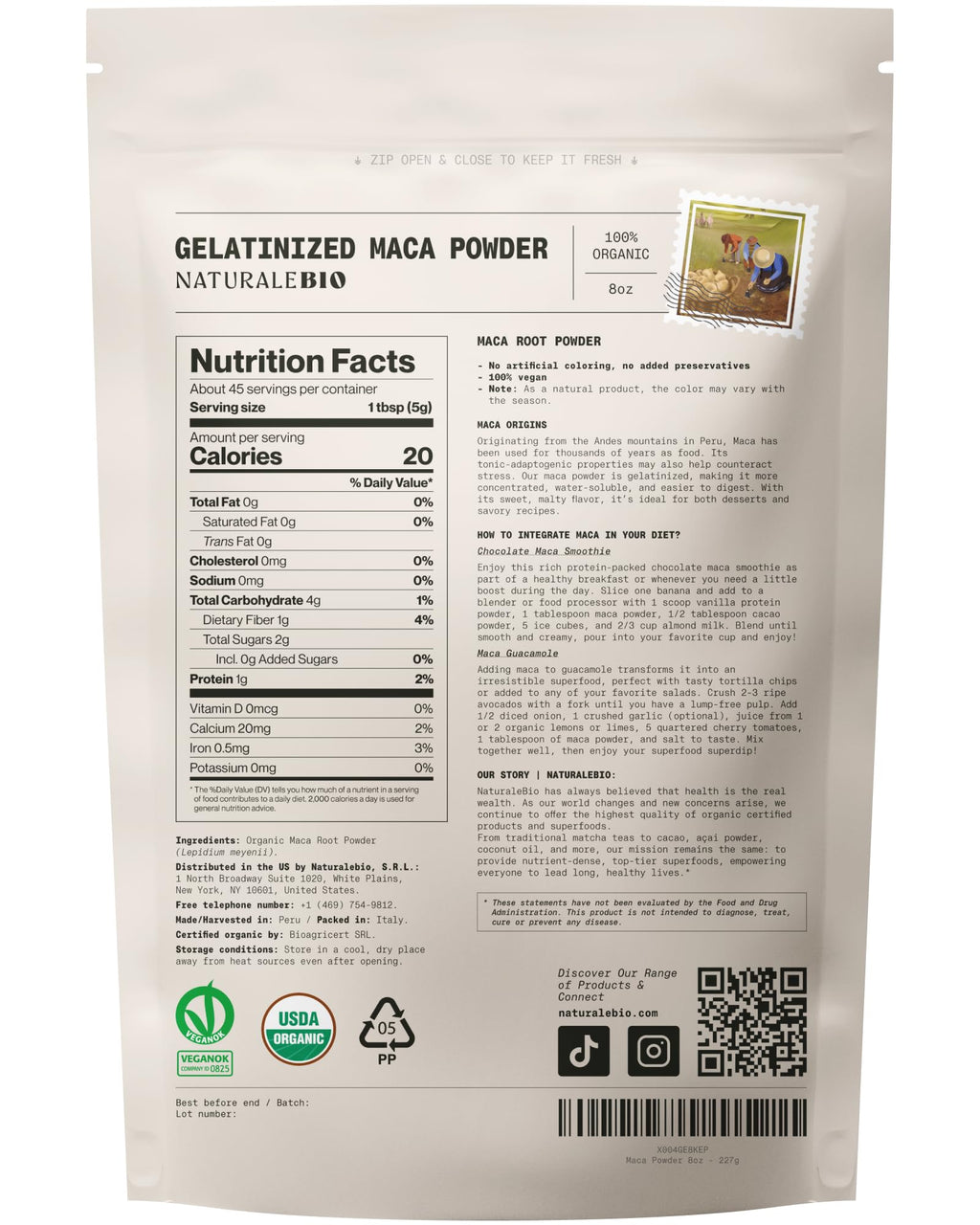 NaturaleBio Maca Powder Organic 8 oz. Peruvian, Natural and Pure, from Organic Maca Root. Vegetarian and Vegan Friendly - Gelatinized. Gelatinized for Enhanced Bioavailability. Ideal for Smoothie.