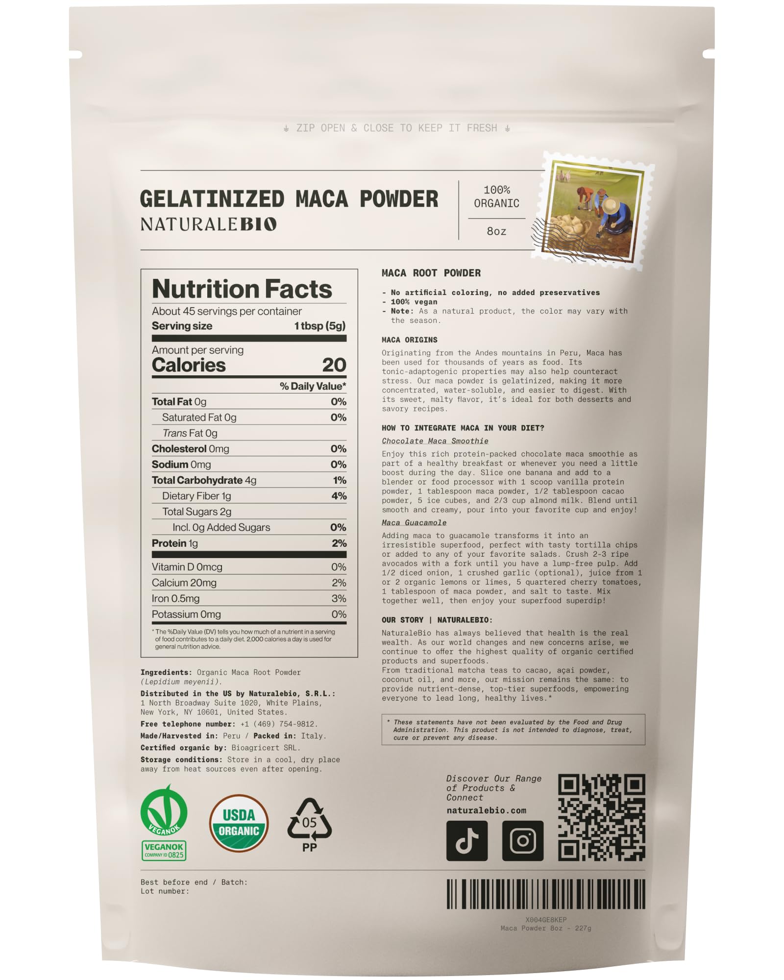 NaturaleBio Maca Powder Organic 8 oz. Peruvian, Natural and Pure, from Organic Maca Root. Vegetarian and Vegan Friendly - Gelatinized. Gelatinized for Enhanced Bioavailability. Ideal for Smoothie.