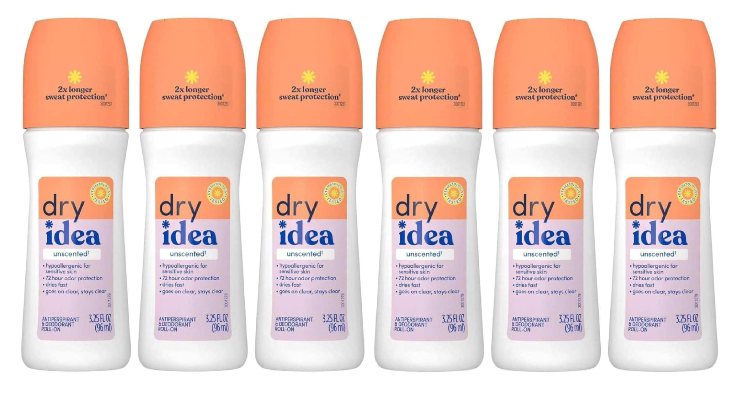Dry Idea Anti-Perspirant Deodorant Roll-On Unscented 3.25 oz (Pack of 6)