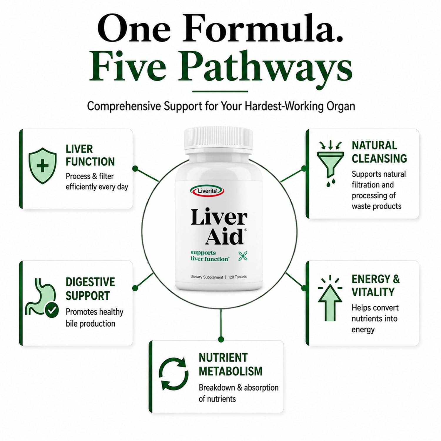 LIVERITE Liver Aid 120 Tablets Liver Support Supplement with Amino Acids, Choline & Vitamin B12 Supports Healthy Liver Function, Energy & Metabolism