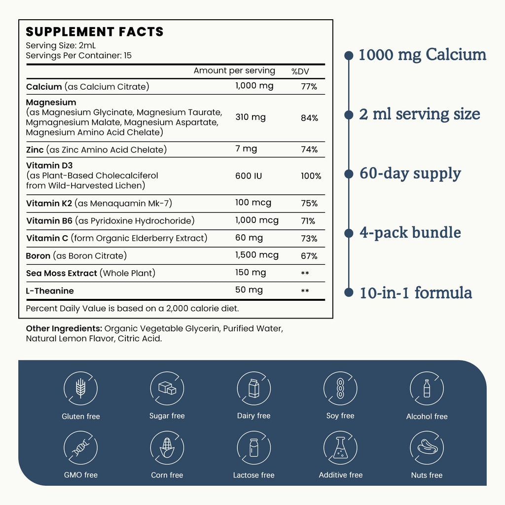 (4 Pack) 10 in 1 Calcium Magnesium Zinc Supplement, Magnesium Glycinate Complex Liquid Drops with Vitamin D3 K2 B6, Vegan Calcium Citrate Bone & Immune Health Support, Sleep & Cramps, Boron, 1 Fl Oz