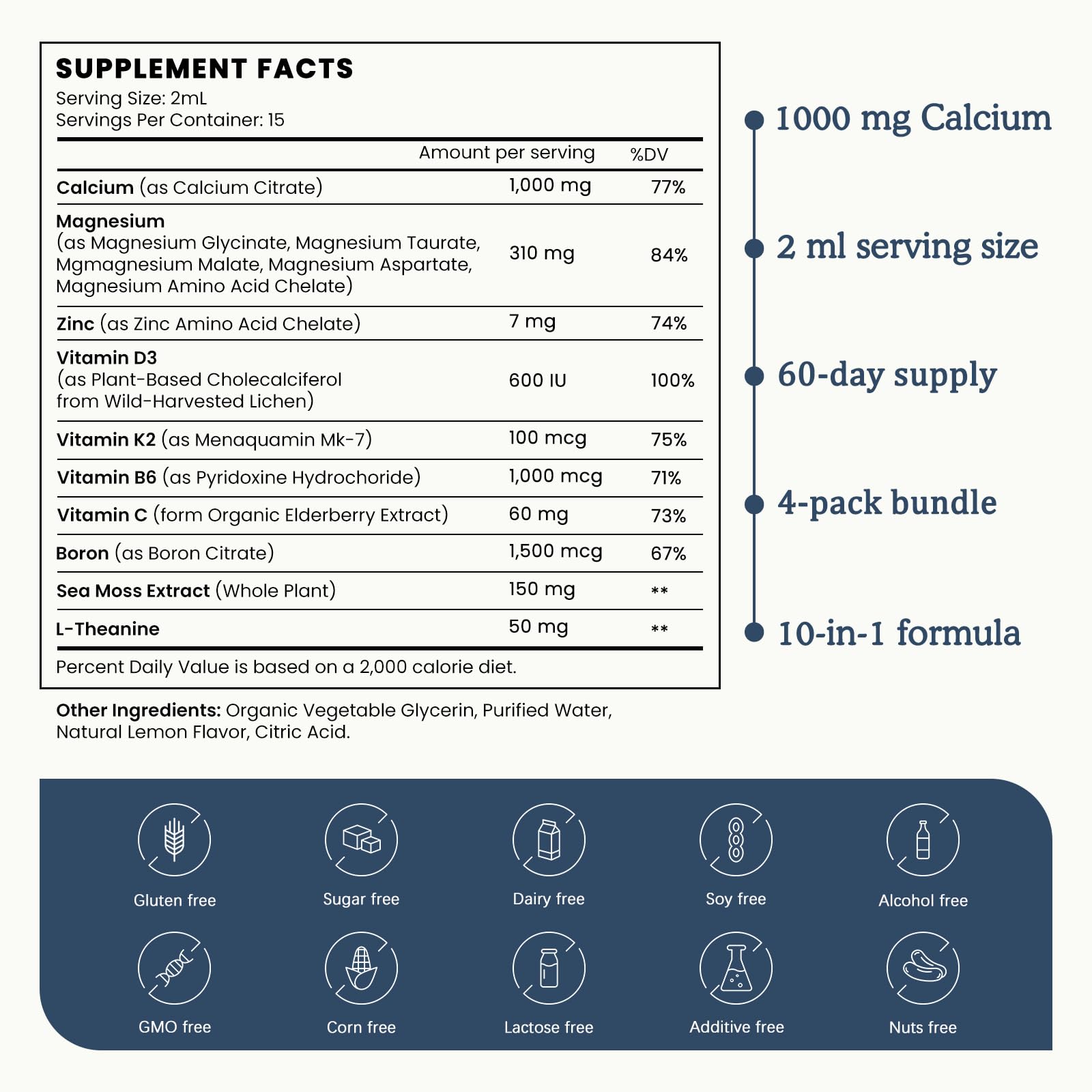 (4 Pack) 10 in 1 Calcium Magnesium Zinc Supplement, Magnesium Glycinate Complex Liquid Drops with Vitamin D3 K2 B6, Vegan Calcium Citrate Bone & Immune Health Support, Sleep & Cramps, Boron, 1 Fl Oz